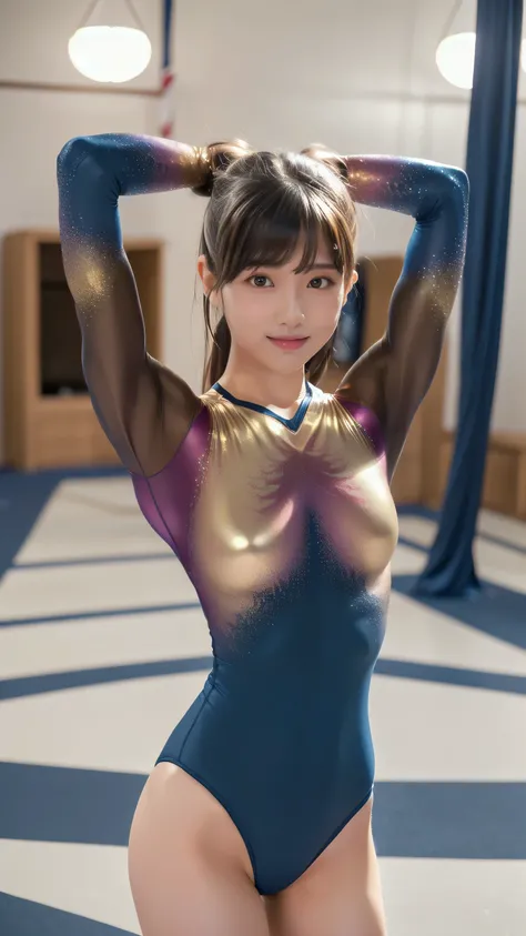 ((indoor, 新Gymnastics Venue, Gymnastics Venue:1.3)), ((Highly detailed skin), Beautiful realistic face, White skin, Pointed Chest, Small nipples, Perfect Anatomy, Realistic eyes, Natural eyes, Brown eyes, Accurate eye focus, Accurate limbs), (hyper realist...