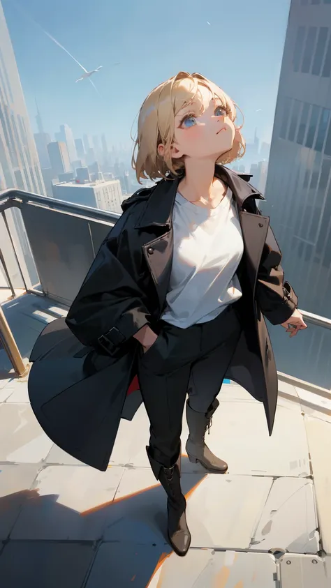 (masterpiece, best quality, high resolution, super detailed), (beautiful details eyes, Clean and delicate face), (whole body, standing posture), 1woman, solo, (Only white T-shirt under Black long Trench Coat, close the front of the coat), (black ankle leng...