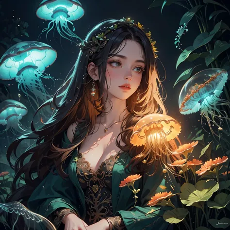 portrait woman,Masterpiece, High Quality, Ocean Forest, City, Fantastic Fantasy, Glowing Plants, Coral Viaduct, (Swarm of Glowing Jellyfish), , Misty, Extreme Detail, Morning Light, Epic Composition, (Intricate Detail),