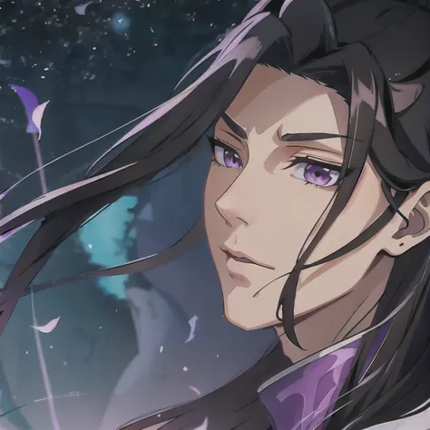 (masterpiece, best quality:1.2), 1male, solo, jiang cheng, mo dao zu shi, mdzs, purple and black clothes, purple eyes, long black hair, perfect anatomy