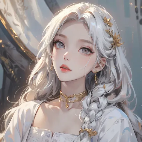 best quality, masterpiece,white hair, gold eyes,white clothes, looking up, upper body,hair strand,fair skin,side braids