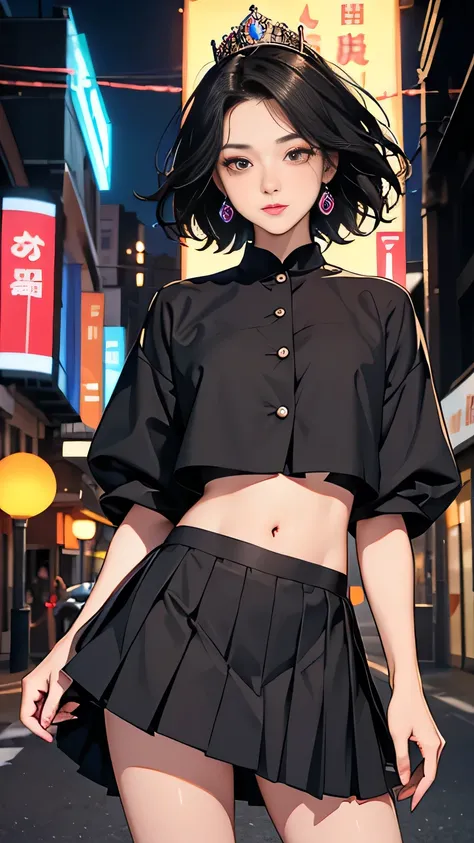 Cute young woman, Short black hair, Brown eyes, Queen,pleated skirt suit,Street lamp,neon,Busy street background,(belly button:1.1,Princess Eyes), noble, Royalty, high quality, masterpiece, Very detailed