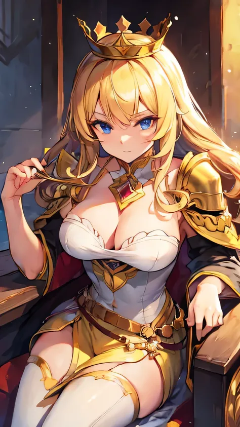 blonde hair, quad drills, crown, sparkle, masterpiece, accurate, high details, best quality, highres, super detail, European noblewoman, princess, sitting on the throne