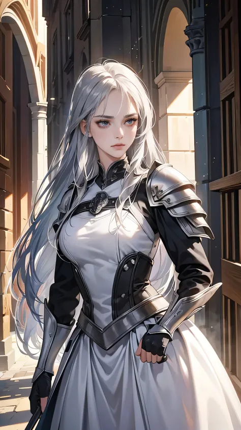 Young woman, Perfect woman body, epic character, (beautiful, Tall, elegant,long silver hair, silver eyes, Frown, silver light armor,stand in medieval town),dramatic shadow, Ray Tracing,(masterpiece, high resolution, perfect black eyes, fullshot angle, ultr...