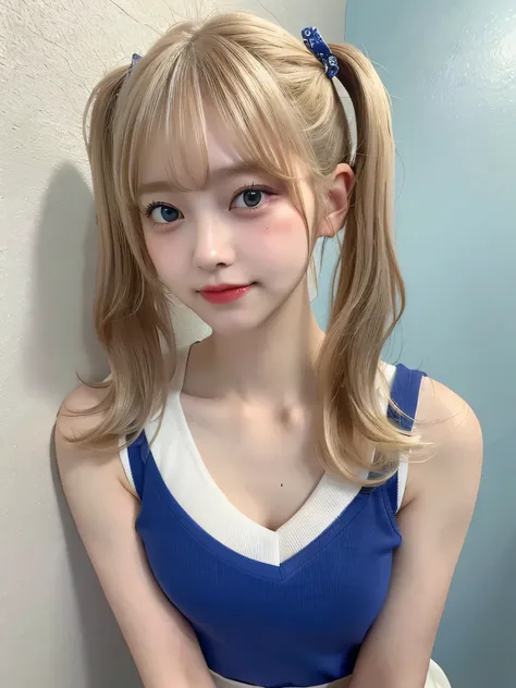 One person、17 years old、Full body photo,slender、woman、White drool coming out of the mouth、smile、、Blonde、Short Twin Tails、 Fair skin, messy hair, super cute、Soft and Face、8K resolution、Surreal、Ultra high definition、 A-cup small breasts（（Highest resolution、8...