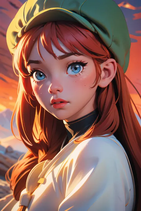 Chibi Girl、Walking along a straight road in Valley of Fire State Park、hat、Sweat、heat haze、No green、I can see a big rock mountain、Very detailed、Ultra-realistic、Photorealistic、8K、Hyperrealistic、masterpiece、Beautiful detailed eyes、Beautiful detailed lips、Very...