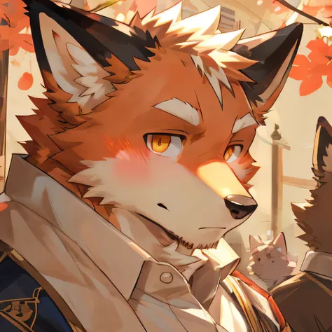 masterpiece，high quality，perfect anatomy，furry，anthro fox，white and red fur，male， niji5，brown pupils，bright eyes，blush，naked，detailed face，by kiyosan，close up face