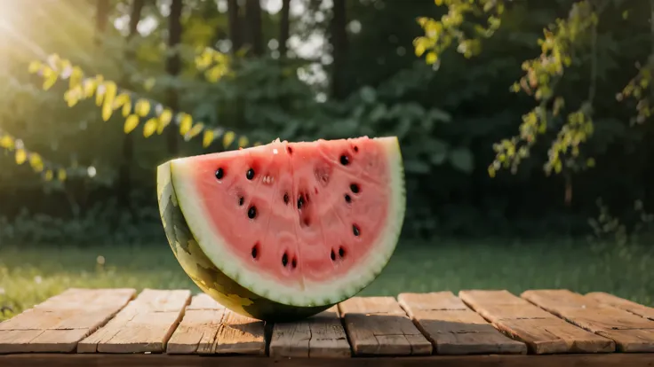 Watermelon on wooden table with green background. A refreshing summer treat on a rustic surface.
watermelon, fruit, food, no_humans, food_focus, blurry, realistic, still_life, blurry_background, depth_of_field