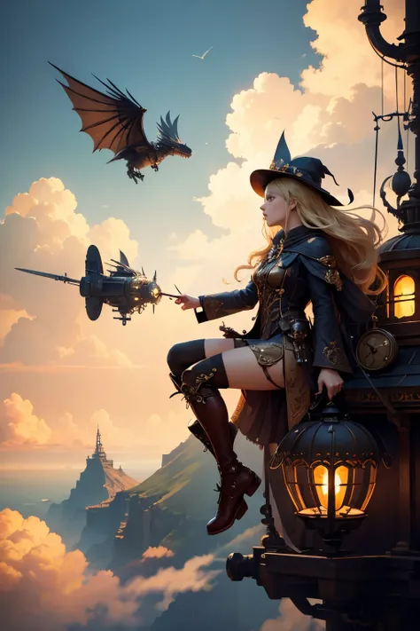 (Highest quality:1.2)。steampunkai。One Woman。Beautiful steampunk witch。Blonde Long Hair。Flying on a broomstick。Fly alongside a mechanical dragon。The background is the sea of clouds below and the high clouds above。