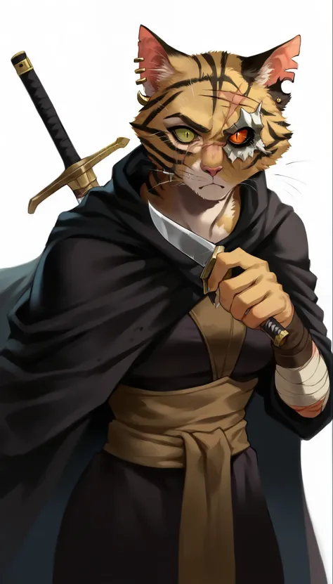 score_9, score_8_up, score_7_up, (clear simple background, white background, papyrus background), ((tabaxi), anthro, solo, female, (portrait), (focus), (holding, assassin, rogue), ((wearing dark robe, cape)), (cat fur)), beautiful, silver digger, shiny sil...