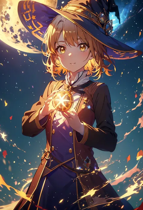Irohaisshiki, isshiki iroha, short hair, Brown Hair, (Brown eyes:1.5), smile,((Night Sky)),火のwitch,((Big full moon)),((Sparkling and colorful stars)),Fluffy hair,((Idol style costume with soft volume)),Long skirt,((gorgeous wizard hat)),((witch)),(magic wa...