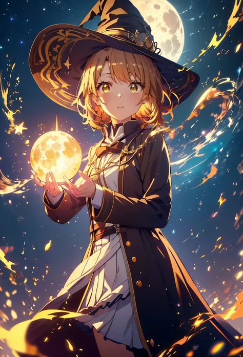 Irohaisshiki, isshiki iroha, short hair, Brown Hair, (Brown eyes:1.5), smile,((Night Sky)),火のwitch,((Big full moon)),((Sparkling and colorful stars)),Fluffy hair,((Idol style costume with soft volume)),Long skirt,((gorgeous wizard hat)),((witch)),(magic wa...