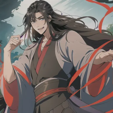 (masterpiece, best quality:1.2), 1male, solo, wei wuxian, mo dao zu shi, mdzs, black clothes, grey eyes, long black hair, perfect anatomy, smile, happy