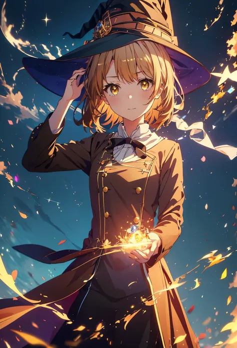 Irohaisshiki, isshiki iroha, short hair, Brown Hair, (Brown eyes:1.5), smile,((Night Sky)),火のwitch,Fluffy hair,((Idol style costume with soft volume)),Long skirt,((gorgeous wizard hat)),((witch)),(magic wand with a jewel on the tip),Explosive flame,
break ...
