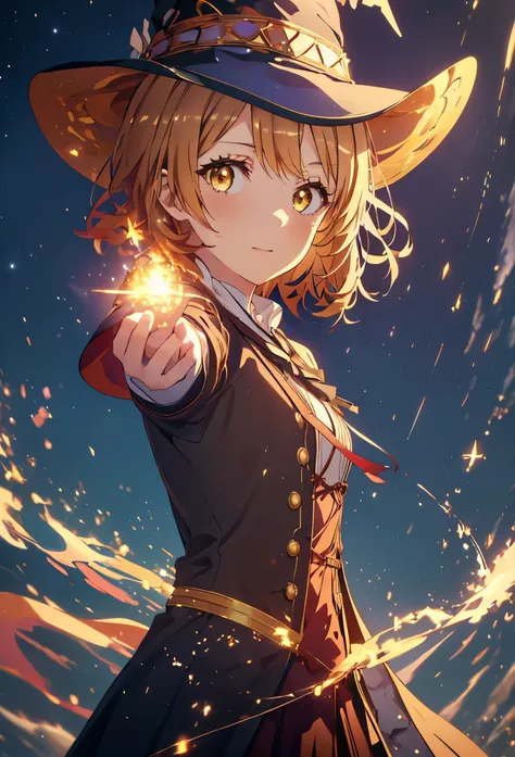 Irohaisshiki, isshiki iroha, short hair, Brown Hair, (Brown eyes:1.5), smile,((Night Sky)),火のwitch,Fluffy hair,((Idol style costume with soft volume)),Long skirt,((gorgeous wizard hat)),((witch)),(magic wand with a jewel on the tip),Explosive flame,
break ...