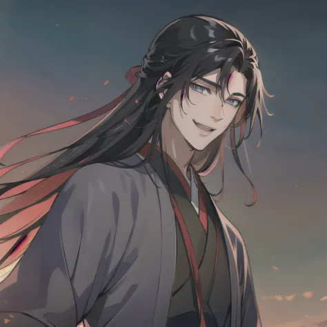 (masterpiece, best quality:1.2), 1male, solo, wei wuxian, mo dao zu shi, mdzs, black clothes, grey eyes, long black hair, perfect anatomy, smile, happy