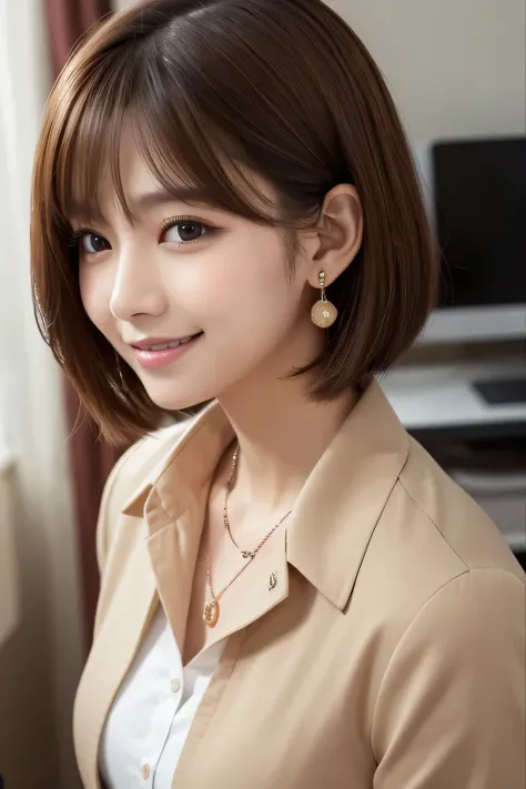 Beautiful young woman、 Brown Hair、ウェーブのかかった髪、Working in front of a computer、Necklace around the neck、Office Lady Suits、Jacket、Unbuttoned shirt、smile、Beautiful teeth alignment、short hair、Intricate details, Very detailed:1.2), 、 Looking into the camera,The b...