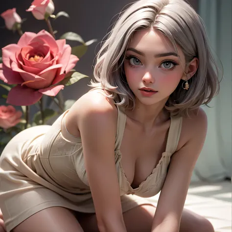 8k, RAW photo, Fujifilm, style photo of a beautiful young woman as rose in kneeling pose (highly detailed skin: 1.2) Style-Petal BREAK short hair, grey hair with colored locks, wearing a sheer sundress, film granulation, 35mm, cute style