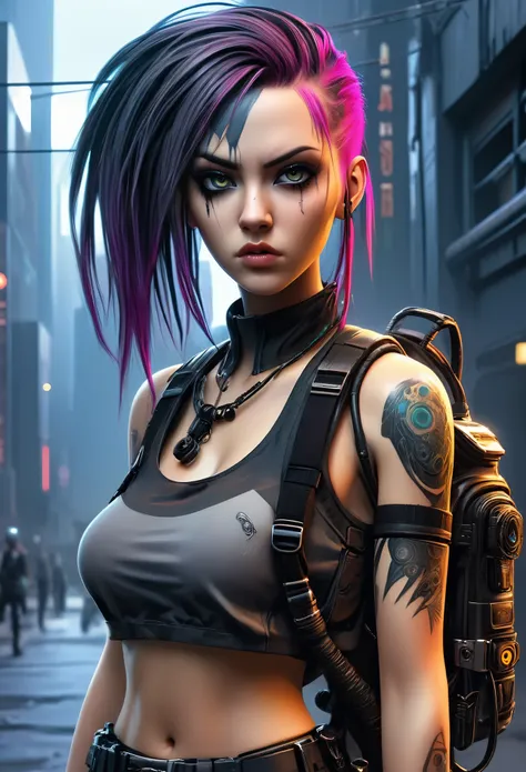 realistic horror anime style, cybergoth street fashion portrait, a young woman with hyper-realistic features and cyberpunk acces...