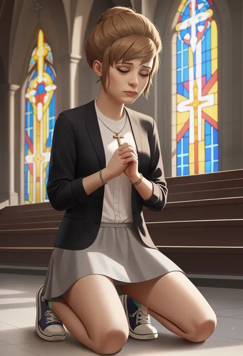 score_9,score_8_up,score_7_up, BREAK 1girl, solo, church, pews, altar, kat3lis, dark blonde hair, hazel eyes, cross necklace, bracelet, blouse, black blazer, medium-length  grey skirt, sneakers, on knees at altar, looking down, eyes closed, praying,