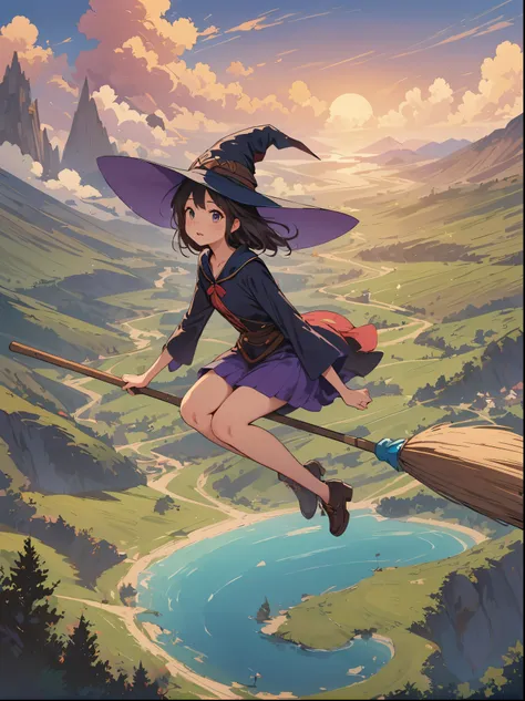 1 girl,kiki,witch&#39;s delivery service,perfect face,cute, ((((flying witch))),((ride a broom)),broom flight,straddling the bro...