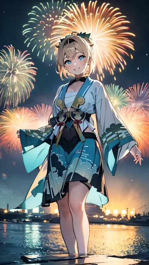 (masterpiece, Highest quality, Super detailed),One girl,((super fine illustration)),((cute eyes,highly detailed skin)),((smile)),(well endowed,Blessed,Captivating body、Detailed Background)、((Blue yukata、Blue kimono)),firework,(大量のfirework,Night view,Ocean)...
