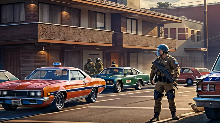 1970s, urban home surrounded by police cars, cinematic action, cinematic lighting, backlighting, masterpiece, anatomically correct, textured skin, super detail, 8k atmospheric perspective, depth of field,