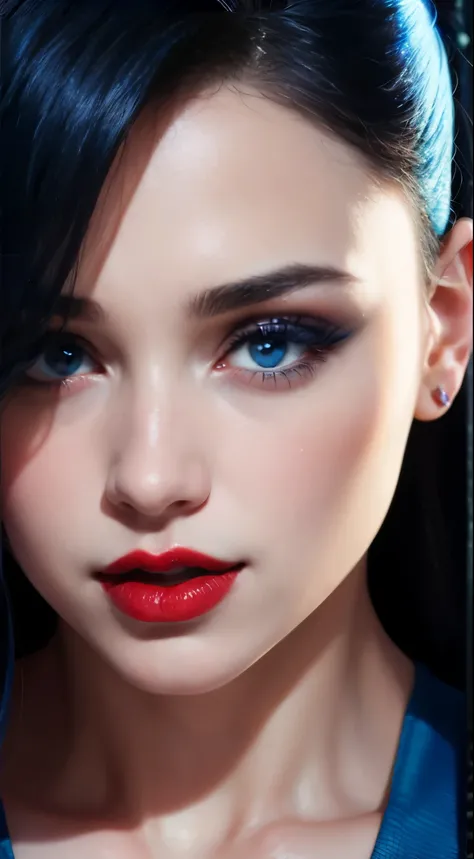 detailed woman face looking at camera, blue colored eyes, Panas (((thick red lips))), mouth open with sensuality, fix deformed fingers, pPanasorealistic, sharp eyes, (((eyes to the camera))) smiling lightly