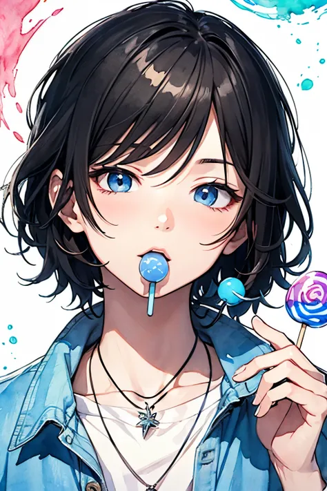 Japanese anime, Clear line drawing, Transparent watercolor, Clear shading, Beautiful young man, short dark hair, blue lollipop in the mouth, Blue tongue, Gaze staring at the camera, blue open collar shirt, relaxed poses, hand holding lollipop stick, visibl...