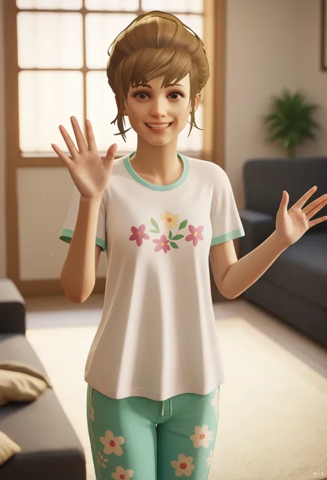 score_9,score_8_up,score_7_up, BREAK living room, beige carpet, 1girl, solo, kat3lis, dark blonde hair, hazel eyes, white ringer t-shirt, floral print, teal pajama pants, standing, looking at viewer, waving at viewer, happy smiling