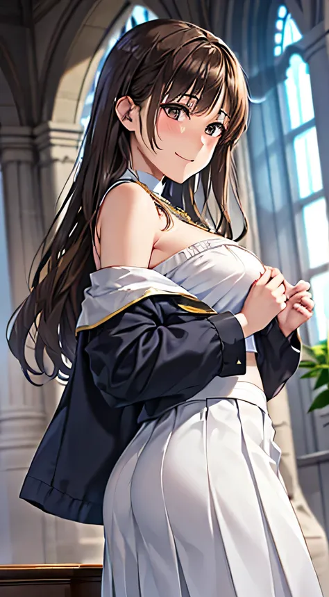 ((Tabletop, Highest quality, High resolution, , Pixel Perfect, 4K,))), 1 female, 、The whole body is visible、 ((Long Wavy Hair, bangs, Brown Hair)), ((Brown eyes, Beautiful eyelashes, Realistic eyes)), ((Detailed face, Blushing:1.2)), ((Smooth texture:0.75,...