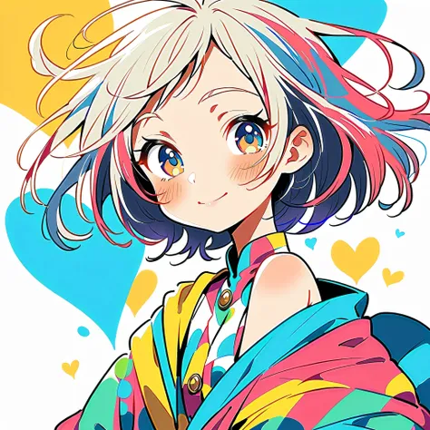 Mika Pikazo style, Simple Line Initialism，Abstract art，Urban Background, colorful hearts ,colorful hearts, (((The most beautiful girl of all time))), best smile