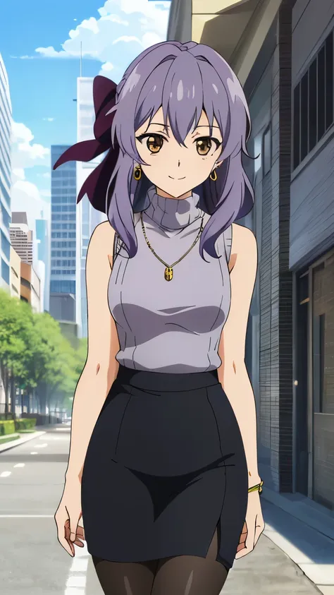 (masterpiece, best quality, high resolution, 8k),anime art style, Shinoa, 1 girl, dark brown eyes, medium breasts, smile, hair ribbon, ((turtleneck sleeveless knit), pencil skirt, on the city street, necklace, earrings, knee-high stockings), alone, standin...