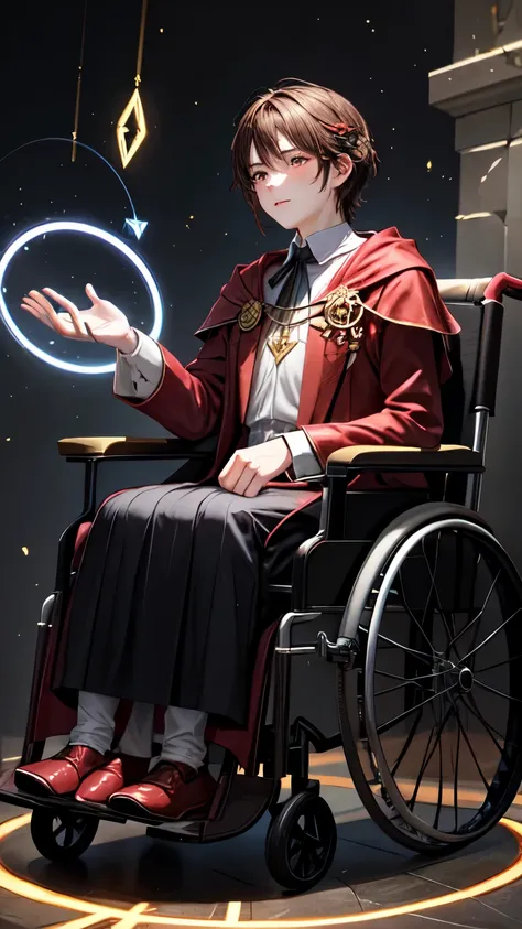 Sorcerer sitting in a wheelchair floating in the void. Lo stregone è vestito con una lunga veste bianca e rossa con rune magiche luminose. Around him are magical circles powered by his power