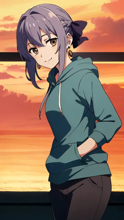 (masterpiece, best quality, high resolution, 8k),anime art style, Shinoa, 1 girl, dark brown eyes, medium breasts, smile, hair ribbon, (Hoodie, loose pants, earrings), alone, standing,dynamic Angle cowboy shot,