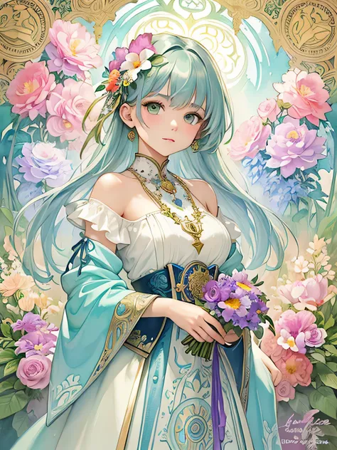 Alphonse Mucha Style、(((stylish fashion))), 8K Quality、Intense watercolor, Detailed watercolor art, Watercolor splash, Surreal, avant-garde pop art, Beautiful and expressive paintings, Beautiful artwork illustration, Very colorful tones, wonderful, Cool be...