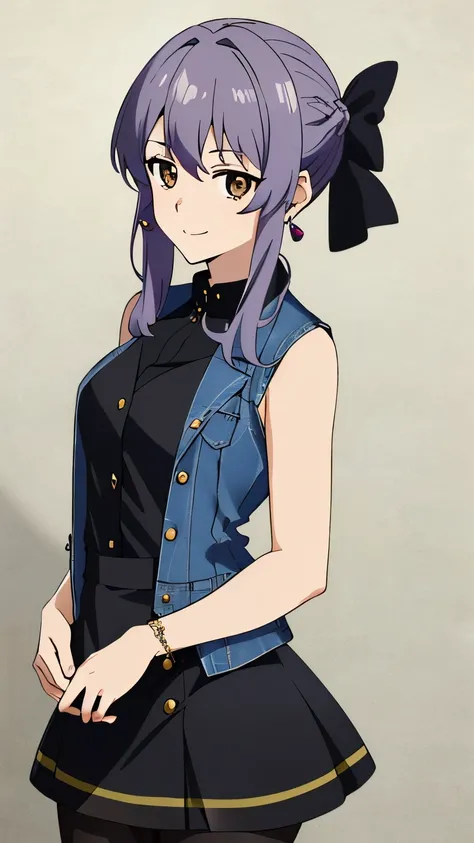 (masterpiece, best quality, high resolution, 8k),anime art style, Shinoa, 1 girl, dark brown eyes, medium breasts, smile, hair ribbon, (Earrings, Jewelry, Denim Dress, Open Vest, Black Pantyhose, Black Shirt, Denim Skirt:1.2), alone, standing,dynamic Angle...