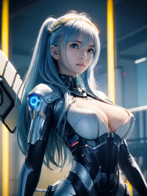 (Raw quality:1.4), Highest quality、masterpiece、Ultra-high resolution、(Photorealistic:1.4)、1 girl、Light blue hair、Straight hair, shiny clean hair、Beautiful bangs, White and glowing skin、Sexy Cyberpunk Girl、((Ultra-Realistic Details))、Shadow、Octane Rendering...