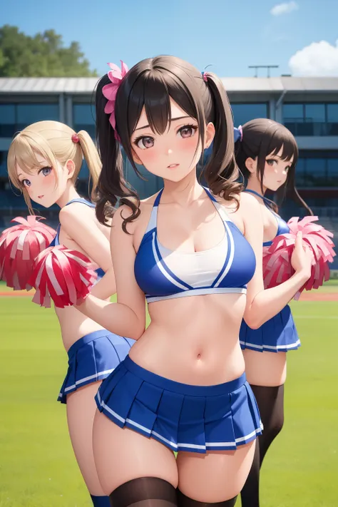 masterpiece, best quality, highly detailed, ultra high res, ayase arisa, 3girls, (mutiple girls), hair ornament, twintails, curly hair, side ponytail, glossy lips, cheerleader, pink thigh highs, looking at viewer, school field, medium breasts, halter top, 