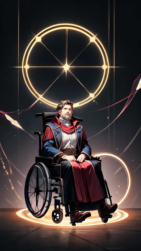 Middle-aged sorcerer sitting in a wheelchair floating in the void. Lo stregone è vestito con una lunga veste bianca e rossa con rune magiche luminose. Around him are magical circles powered by his power