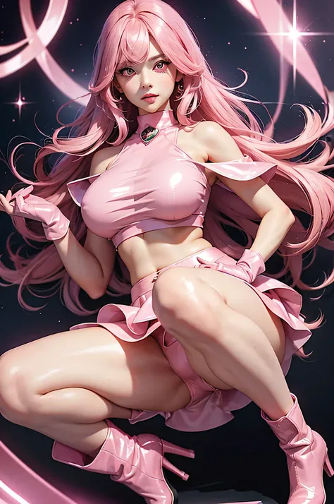 Full body, beatiful pink eyes, blush, cute face,  (1 cute woman, solo: 1.1), very big breasts, long pink hair, shiny pink crop top, shiny pink skirt, shiny pink gloves, shiny pink heel boots