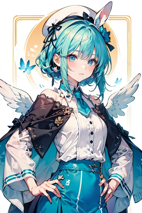 chibi character,Rabbit motif,(brush),((cute,kawaii,wonderland)),((pastel color)),((Cute assortment)),(Embarrassed blushing face),Shiny cream hair,(Rainbow),((Angel:1.2)),((With both hands on her hips, she sulks.:1.25)),tits