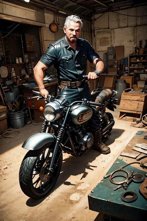 mechanic holding spanner in his hand on a custom motorcycle junkyard