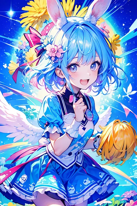 chibi character,Rabbit motif,(brush),((cute,kawaii,wonderland)),((pastel color)),((Cute assortment)),(Shy laugh),Shiny lightning hair,(Rainbow),((Angel:1.2)),((Cheerfully cheering:1.1)).