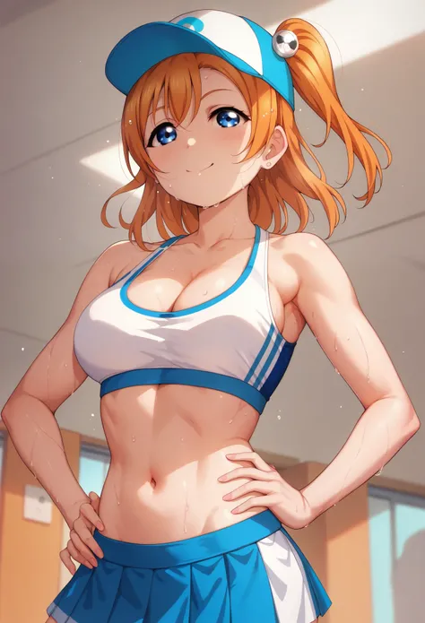 Honoka kousaka love live, cowboy shot, blue eyes, orange hair, micro skirt, tinnies crop top,cap, sweating, cleavage , tinnies stadium ,hand on hip, school sports room