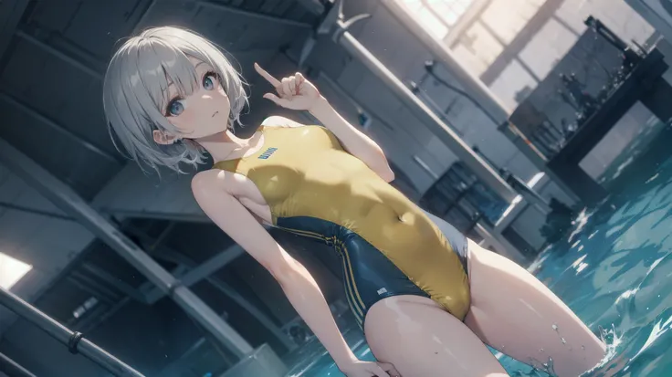 high quality、最high quality、Complete limbs、Ultra-high resolution、Full Finger、short hair、Gray Hair、Slender beauty、Wearing a yellow swimsuit