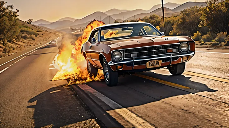 1970s "Ford Mustung" driving down the freeway with the road on fire, cinematic action, cinematic lighting, backlighting, masterpiece, anatomically correct, textured skin, super detail, 8k atmospheric perspective, depth of field,