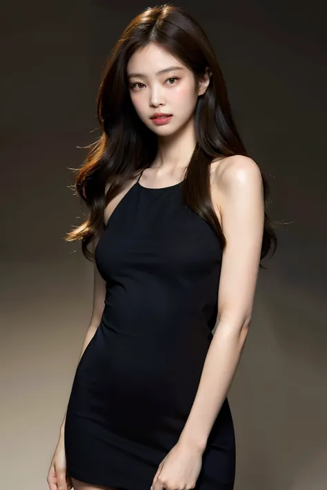 Best quality, masterpiece, ultra high res, (photorealistic:1.4), raw photo,1girl, solo, realistic, lips, looking at viewer, teeth, long hair, parted lips, nose, upper body, brown hair, simple background, brown eyes, black dress, (full body)