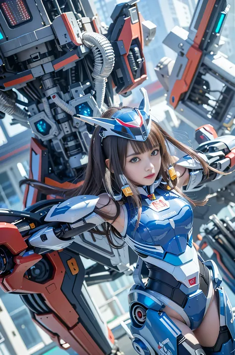 (Raw quality:1.4), Wide-angle shot, 1 female, Mecha, Sparkling Blue Eyes, Very cute face, (Realistic:1.37), バイオMechaニカル, Complex robot, Spaceship interior bokeh background, Ultra-realistic, Very detailed, Very intricate detail, Beautiful woman in sharp foc...