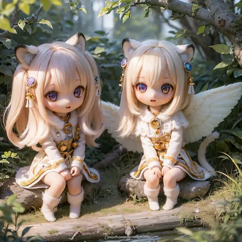 (Highest quality,4K,8K,High resolution,masterpiece:1.2),Very detailed,Realistic,White Tiger Girls Chibi,Beautiful details,Long eyelashes,Detailed lips,A girl in colorful and cute clothes,鮮やかな花を咲かせる背の高いwood々々Play in the Magic Garden,soft, wood々Warm sunshine...